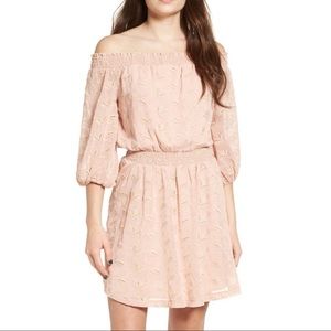 ASTR Eyelet Dress NWOT Embroidered Pink Cream Off Shoulder Small